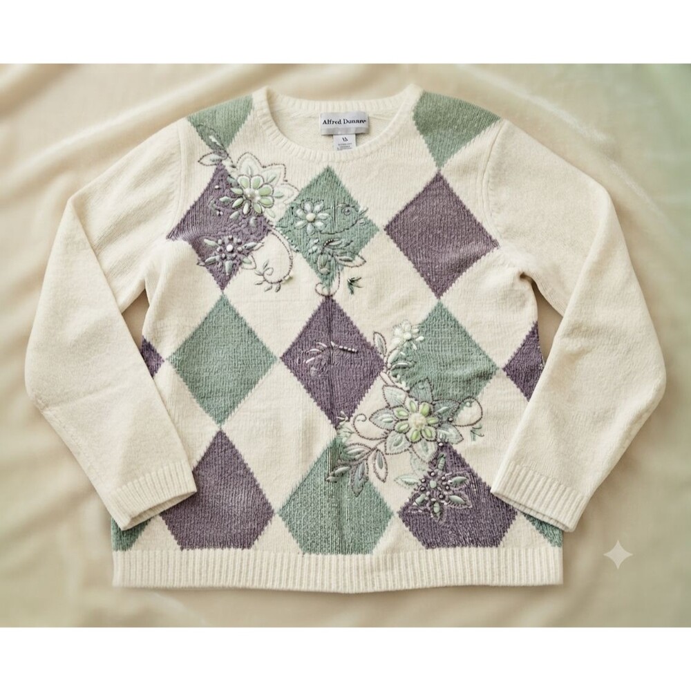 Alfred Dunner Petite S Argyle Floral Embroidered Sweater Cream Green Purple Bead